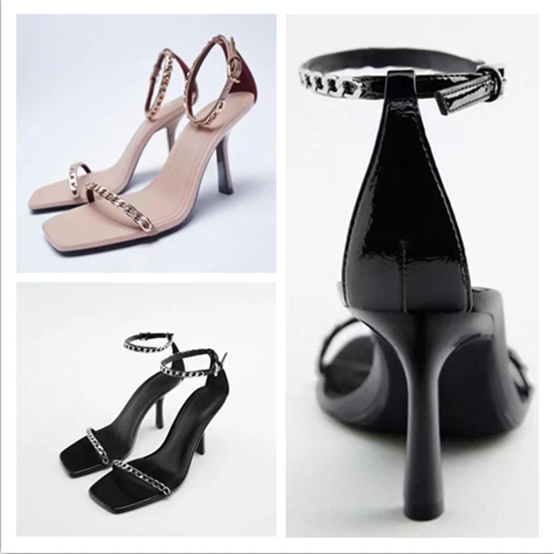 

2022 Sandals Mid-Calf Strap Female Shoe Square Toe High Heels Large Size New Stiletto Girls Summer Open Beige High-heeled Big