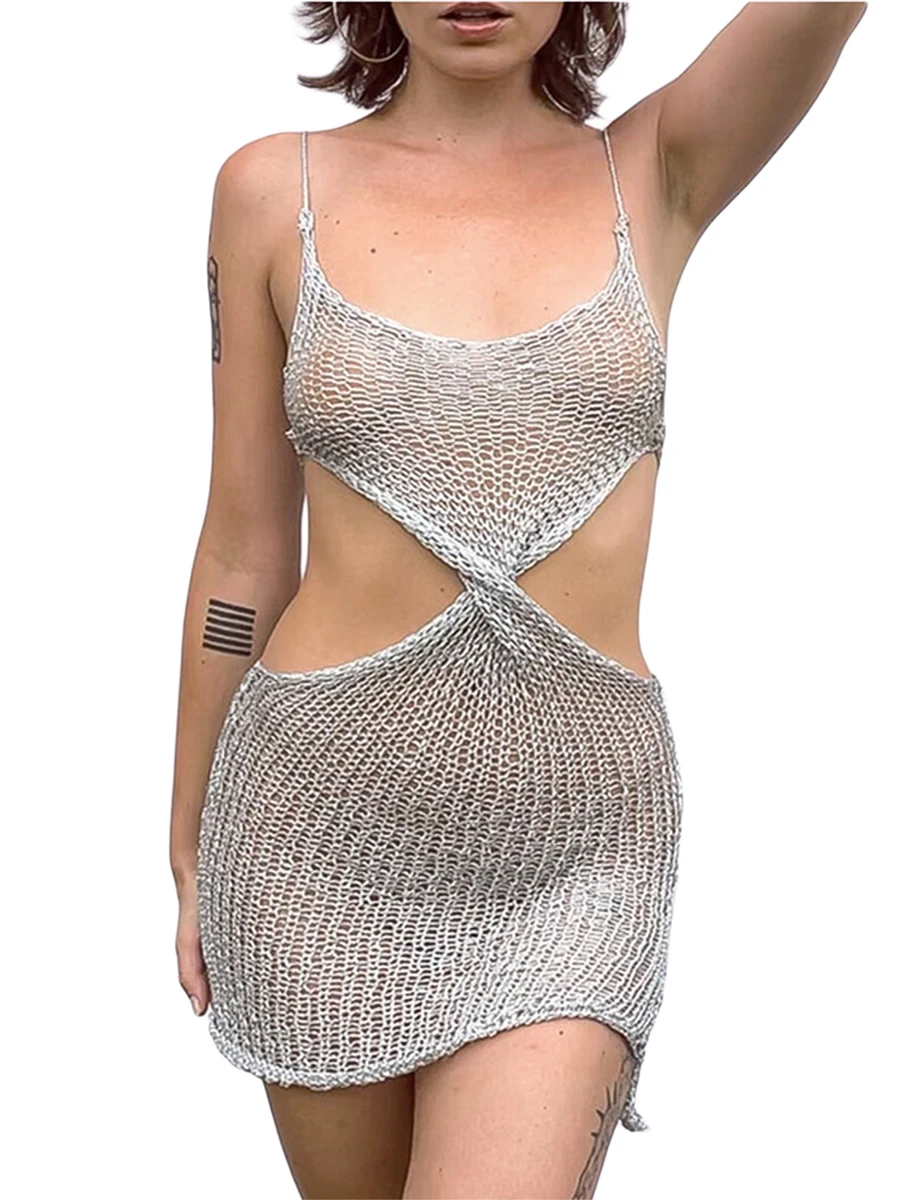 

y2k Knitted Mini Dress for Women Summer Sleeveless Backless Sundress Retro Sweet Party See-Through Dress Beach Night Clothes