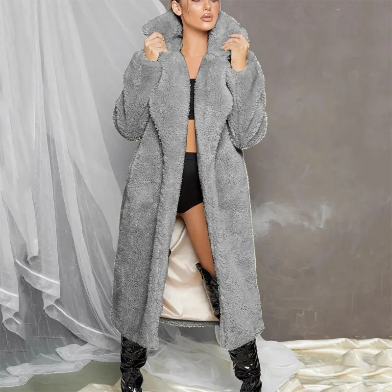 

Женское длинное пальто из искусственной овечьей шерсти, теплое толстое пальто с отложным воротником и пуговицами, верхняя одежда, осень-зима 2023