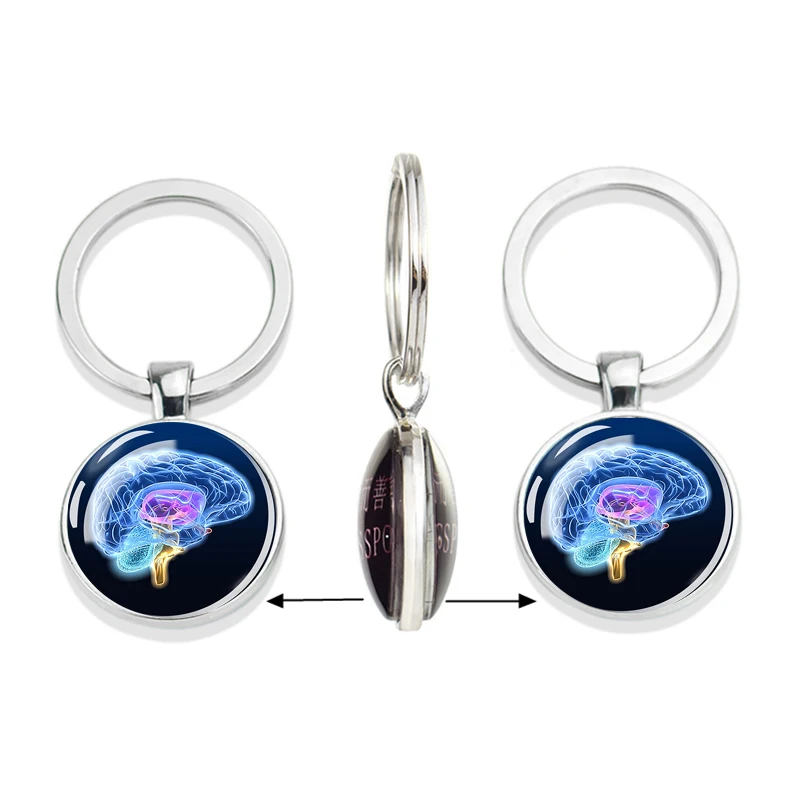 

Skull Keychain Anatomy Key Chain ECG Heart Brain Luminous Jewelry Stainless Steel Glass Dome Keychain Doctor Gift