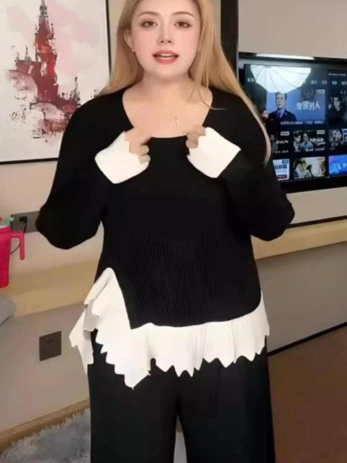 Plus size women clothing Irregular Square Collar Long sleeve Knit Autumn Chubby Girl Design Chic Slimming Meat Covering...