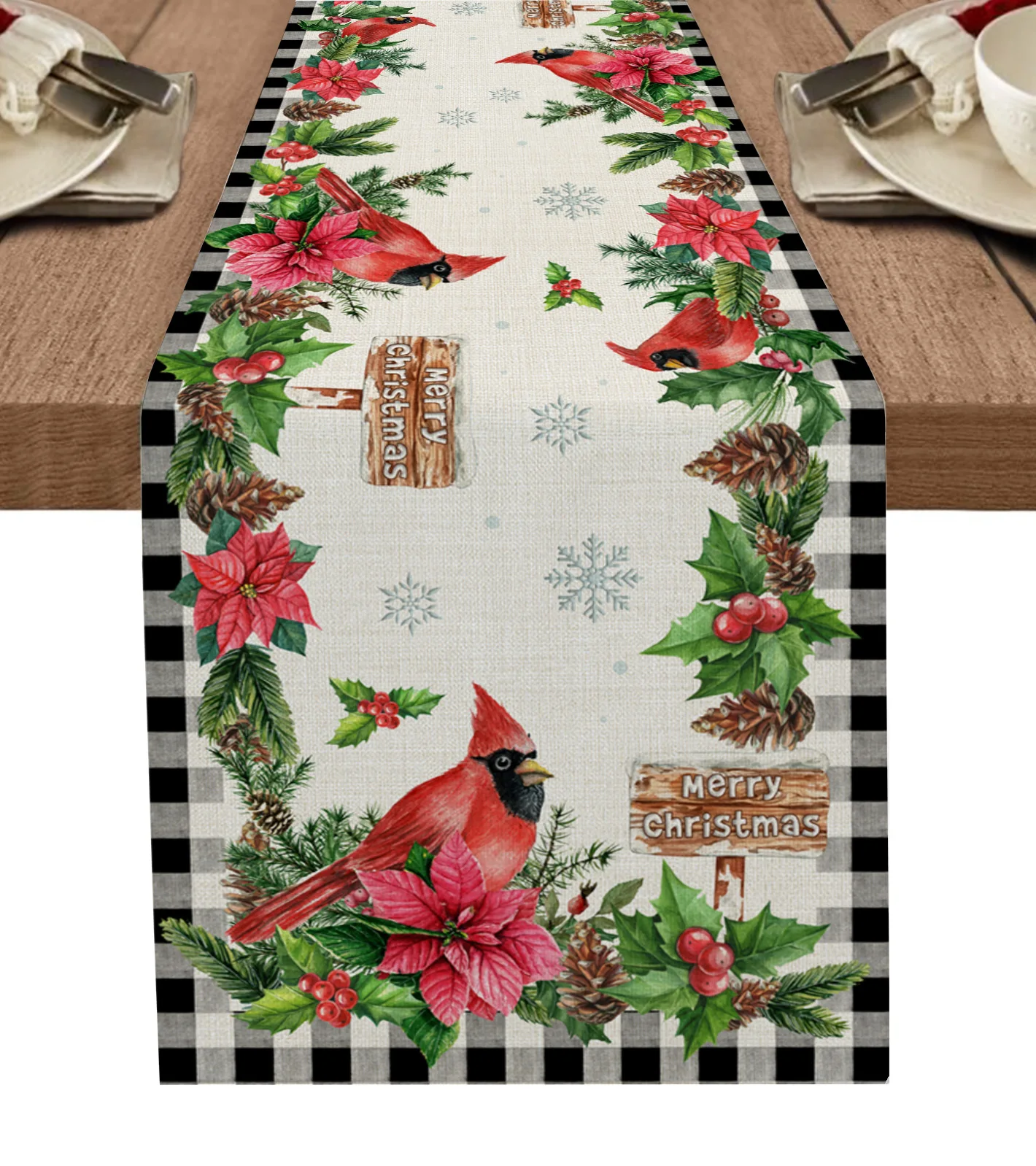 

Christmas Poinsettia Cardinal Pine Cones Table Runner Home Wedding Banquet Festival Party Hotel Table Decoration Table Cover