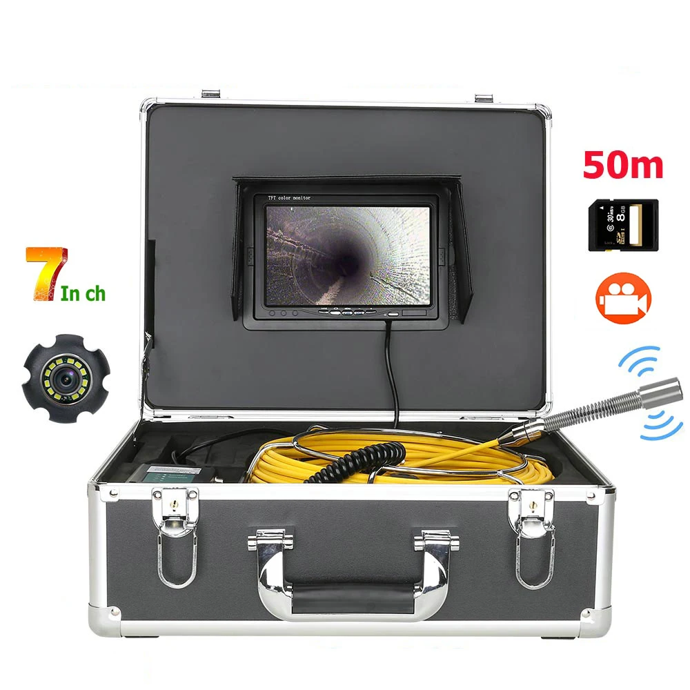 

7" Monitor DVR 50M Sewer Pipe Inspection Video Camera with Auto balance Auto Self Leveling 512HZ Transmitter Pipe Locato 22MM IP