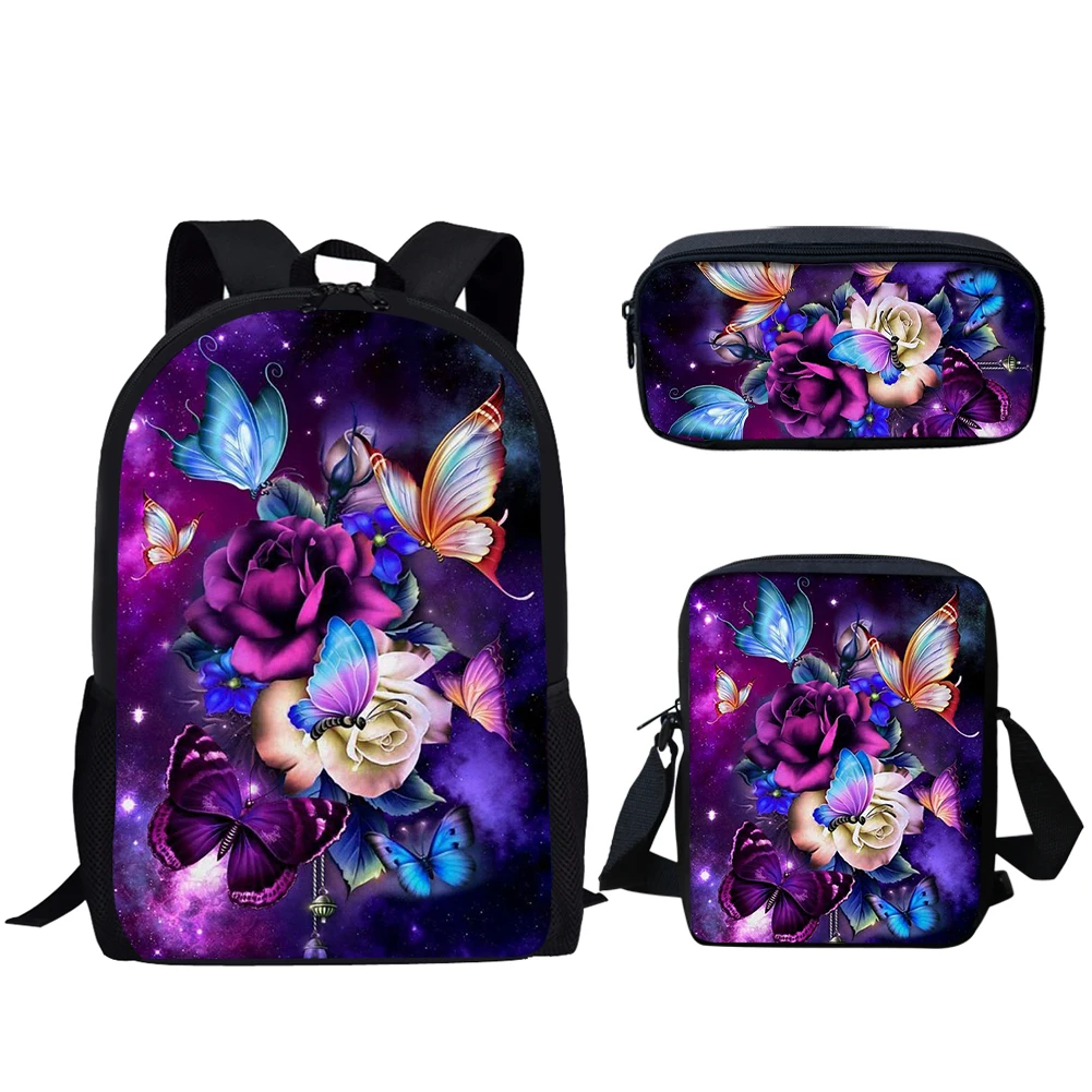 Belidome Purple Butterfly Rose Print 3Pcs School Bags for Teen Girls Casual Backpack for Primary Student Bookbag Mochila Escolar