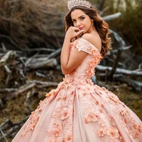 off shoulder pink quinceanera dresses 2022 appliques 3d flowers beads sweet 16 party ball gowns pageant princess lace up back