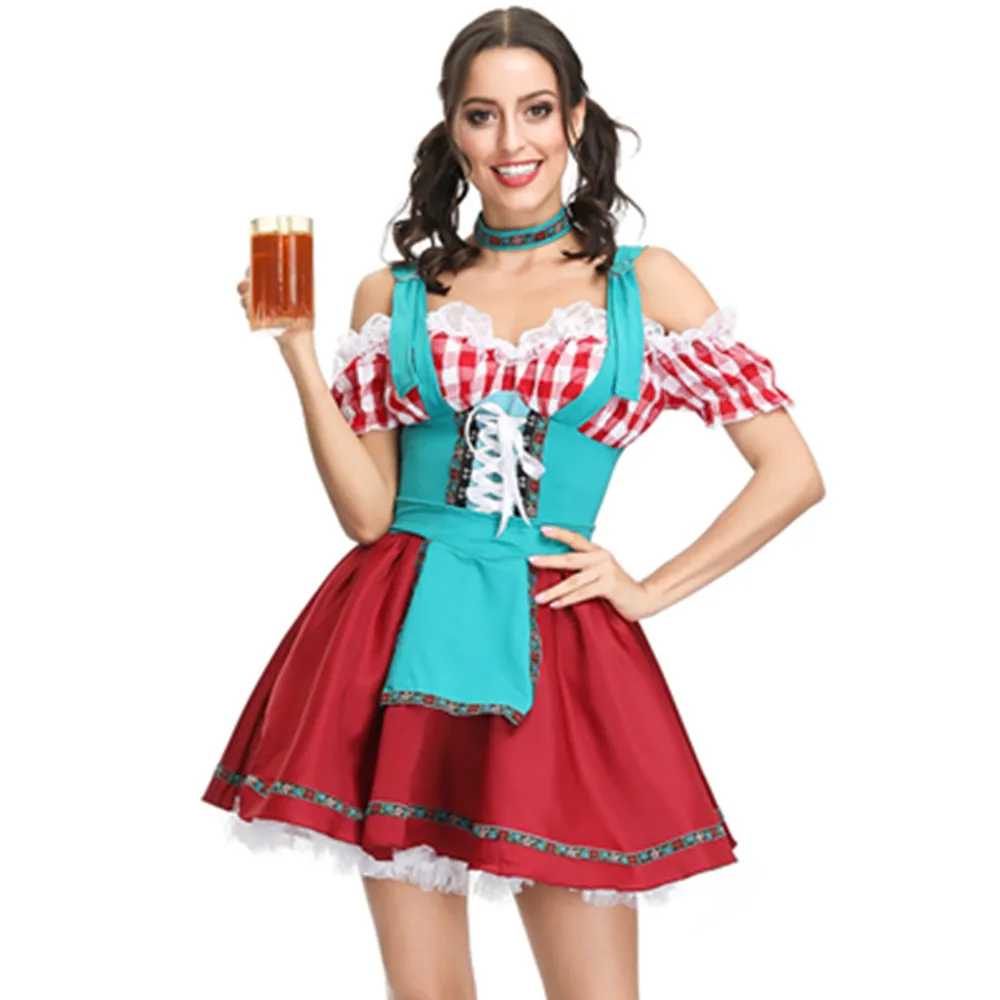 Traditional Bavarian Plaid Dirndl Dress Adult Women Germany Oktoberfest Cosplay Costume Halloween Fancy Party Dress