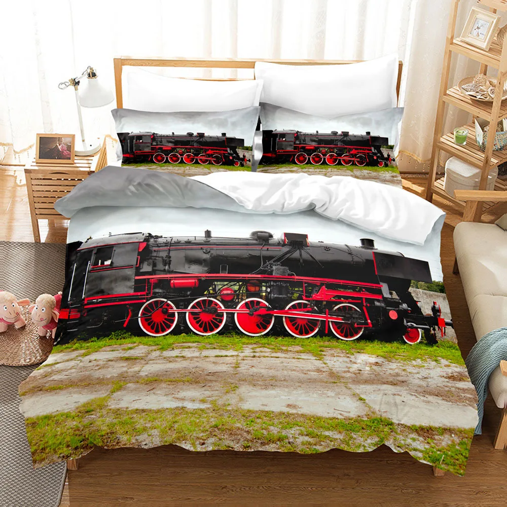 

Steam Engine Duvet Cover Set Transportation Old Train King Queen Full Size Polyester Bedding Set for Teen Boys Adult Living Room