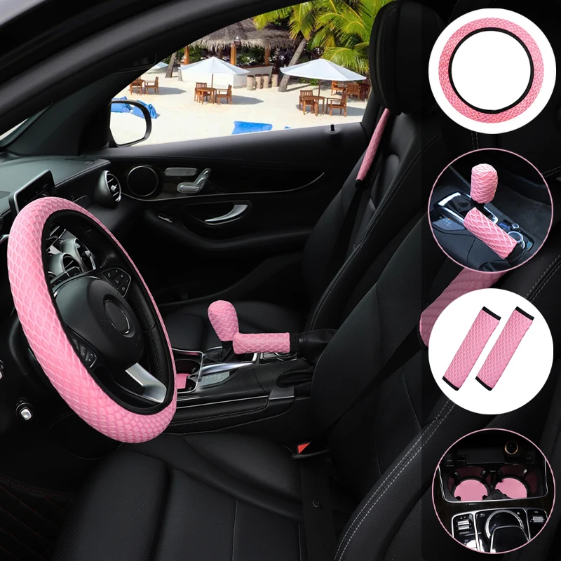 

7PCS Mesh Fabric No Inner Ring Car Steering Wheel Cover for 37-38cm 14.5"-15" Shoulder Handbrake Gear Cover Coaster Protector