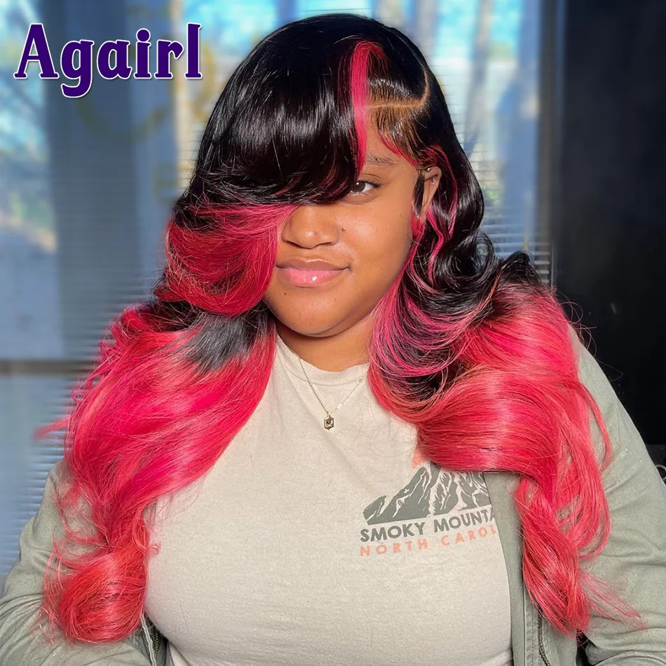 Ombre Pink Black Body Wave Lace Front Wig Pre Plucked 13X6 13X4 Frontal Wig Transparent Lace Closure Human Hair Wigs for Women