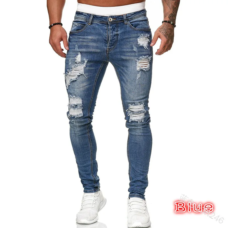 Men Stretchy Ripped Skinny Biker Embroidery Cartoon Print Jeans Destroyed Hole Slim Fit Denim High Quality Hip Hop Black Jeans