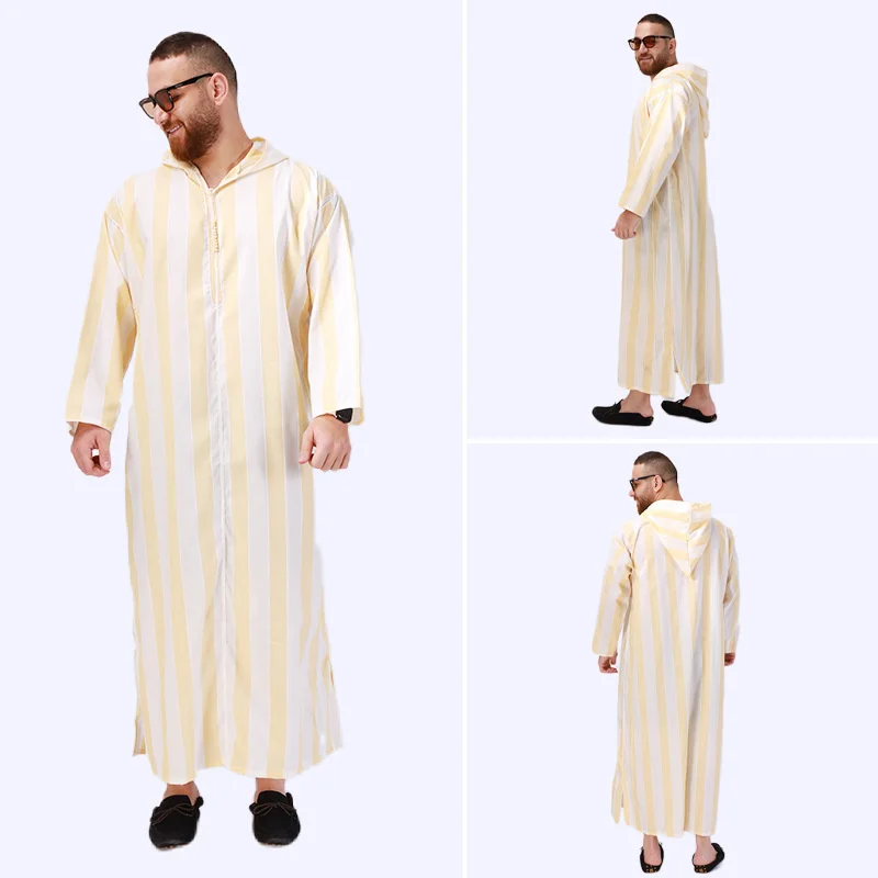 

New Muslim Abaya Hooded Pajamas Ethnic Costumes Gowns Islamic Clothing Long Sleeve Striped Men Dress Casual Loose Kaftan Dubai