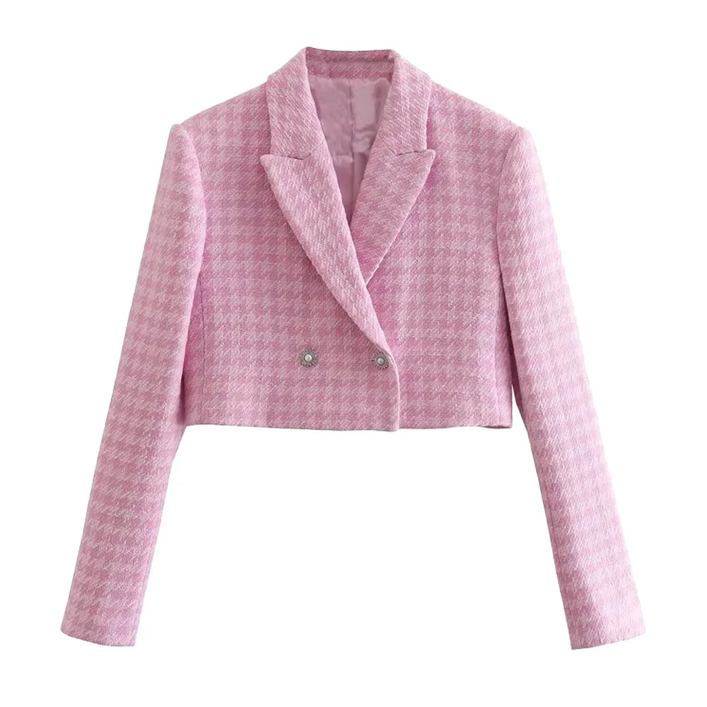 2022 Spring Women's Jacket Korean Version Super Sweet Pink Houndstooth Texture Short Suit Jacket + Skirt