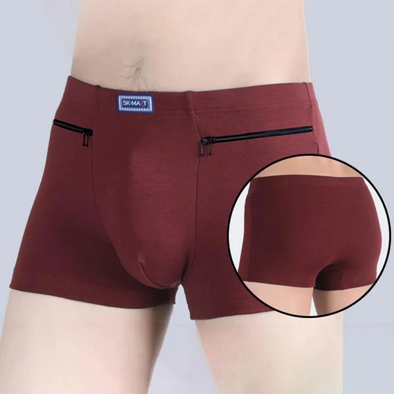 

Men Booty Shorts Cotton Underpants Anti-Theft Briefs Two Zippers Pockets Men's Pockets Underwear Mens Boxers Briefs