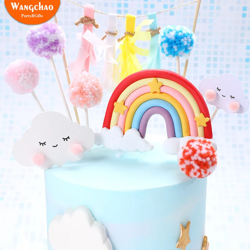 Charming Rainbow Smile Cloud Star Theme Cake Topper Colorful Cotton Balls Kids Favors Party Supplies Cake Decoration
