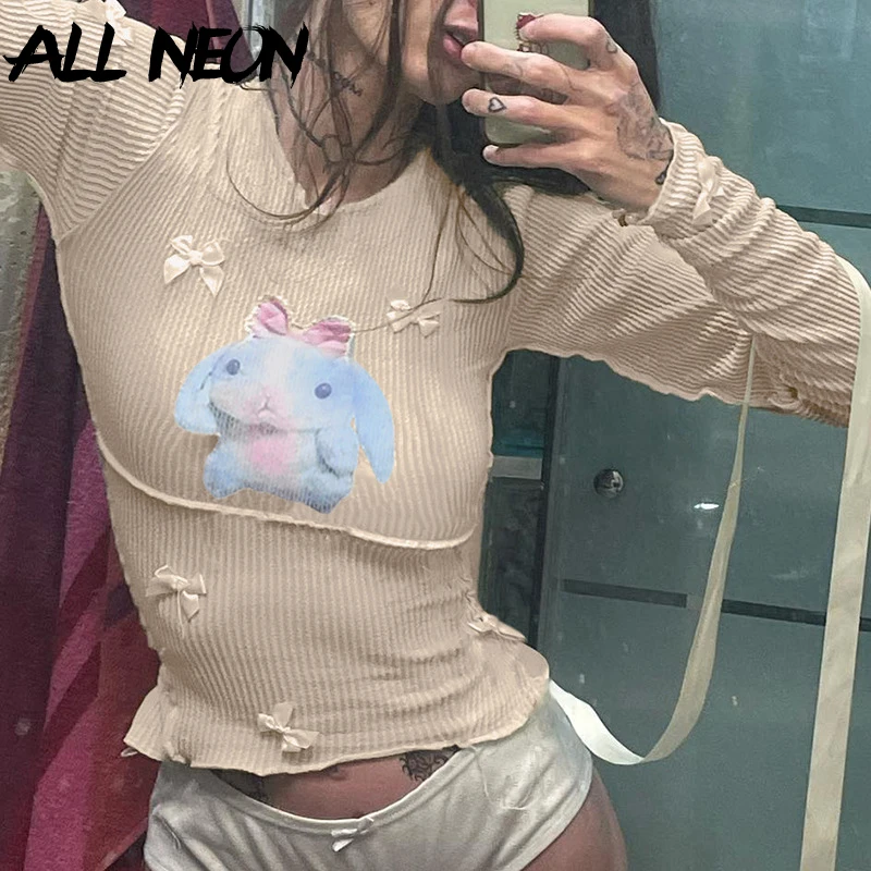 

ALLNeon Fairy Chic Rabbit Printed Long Sleeve Crop Tops Women Kawaii Bow T-Shirts Basic Slim Pullovers Y2K Bottoming Shirts Fall