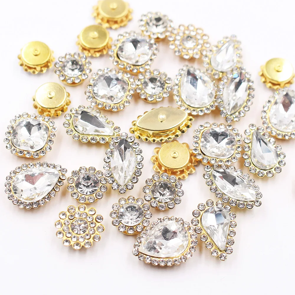 

50pcs Mix Shape Lace Claw Rhinestones Clear Crystals Stones Gold Base Sewing Rhinestones for Clothes Fabric Strass Crafts Gems