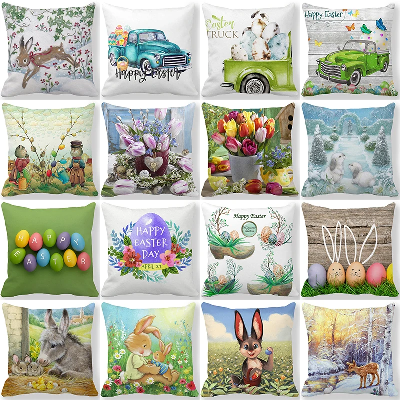 

Easter Decor Pillow Cover 45x45cm Cartoon Eggs Bunny Flowers Printed Cushion Covers Spring Holiday Decor Polyester Pillowcase