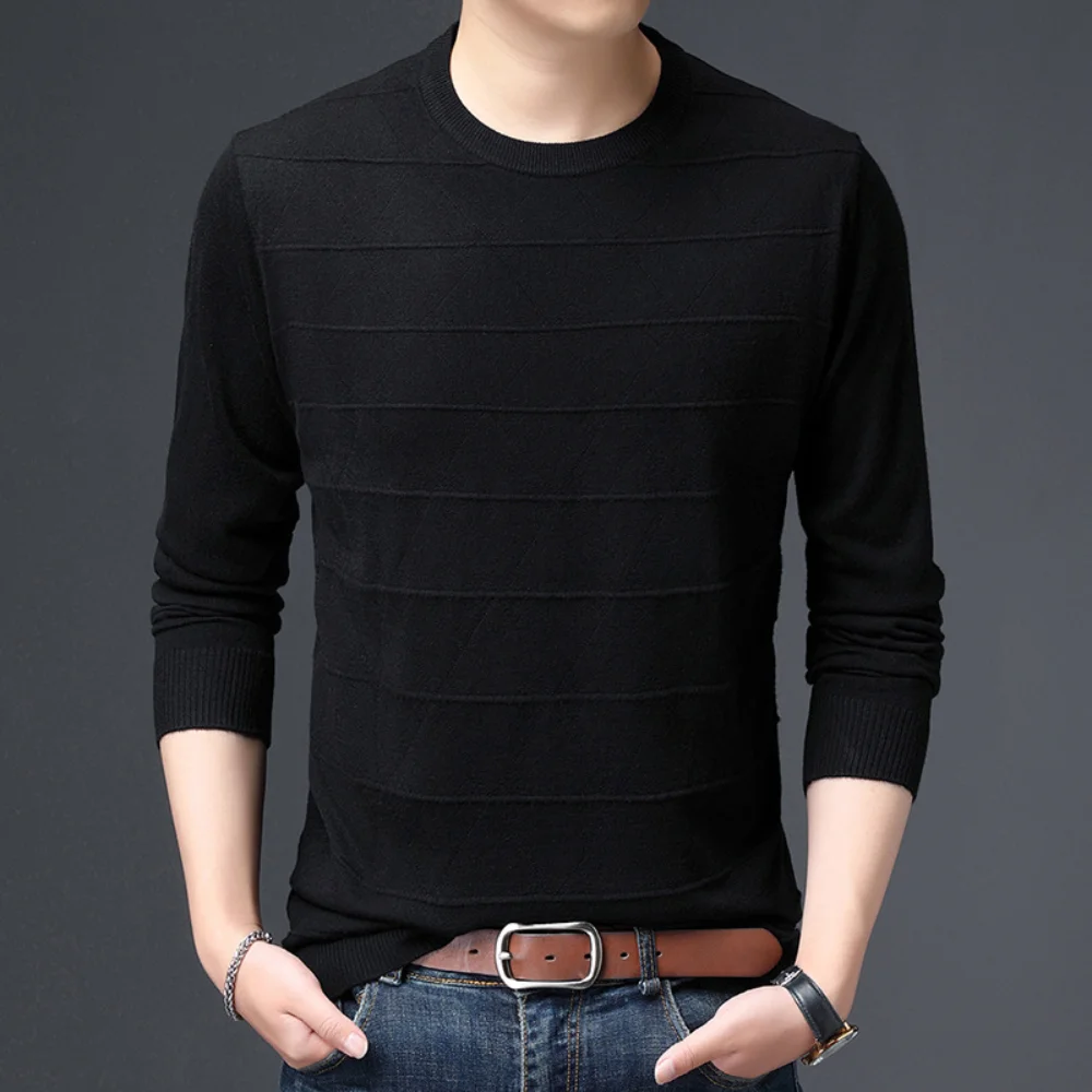 Covrlge Men's Autumn O-Neck Jacquard Thin Sweater 6% Wool Dark Stripe Knit Sweaters Solid Color Casual Long Sleeve Male MZM206