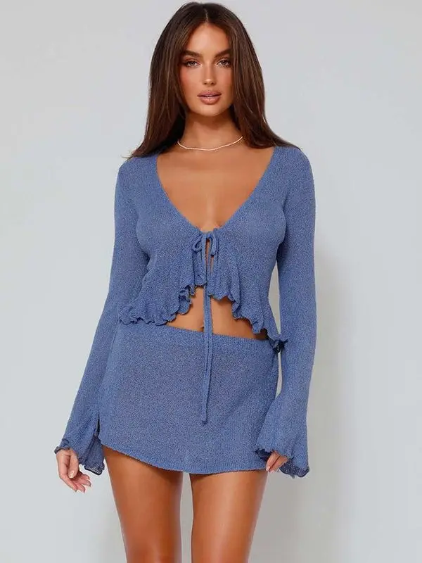 

Sexy 2022 Long Sleeve Top Shirt Two Piece Set Party Y2K Casual DressWomen And Mini Skirts Summer Outfits Beach
