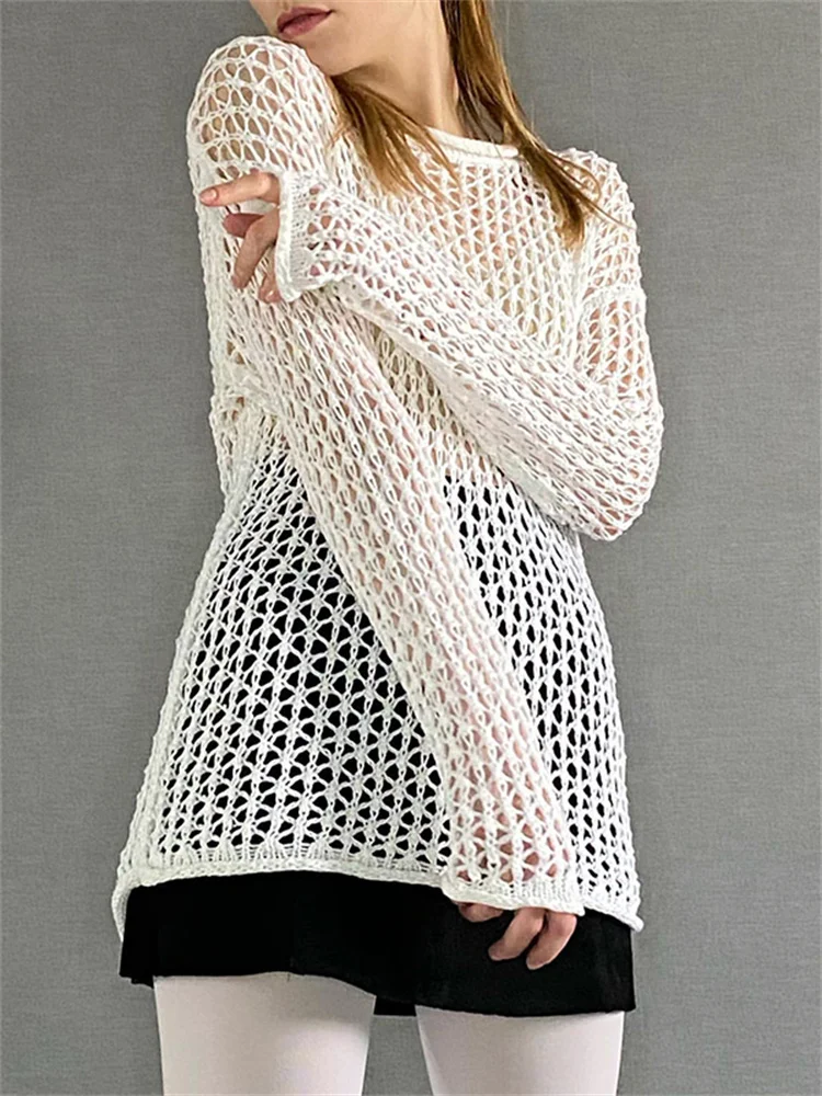 

CHRONSTYLE Vintage Crochet Hollow Out Cover-Ups Fairycore White Knitted Pullovers Chic Women Retro See Through Sweaters Jumpers