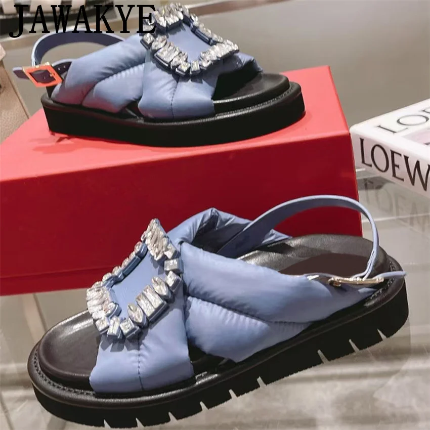 

Genuine Leather Square Buckle Sandals Women Shoes Crystal Buckle Strap Peep Toe Platform Shoes For Women Designer Shoes Summer