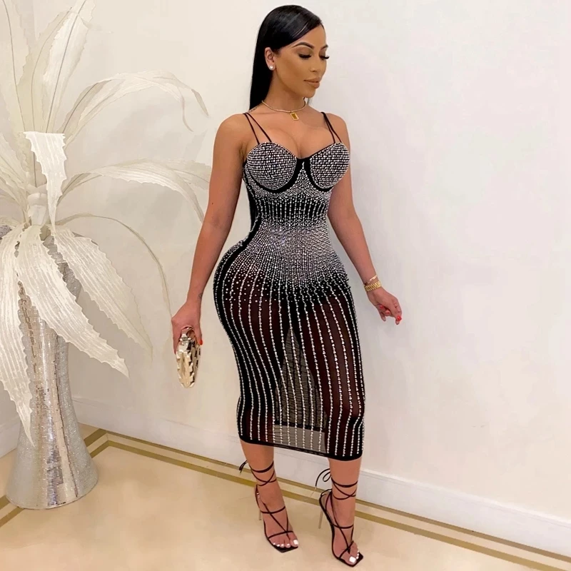 

Hign Quality Hot Drilling Crystal Beads Sleeveless Backless Women Midi Bodycon Bandage Dress Evening Party Sexy Dresses Vestidos