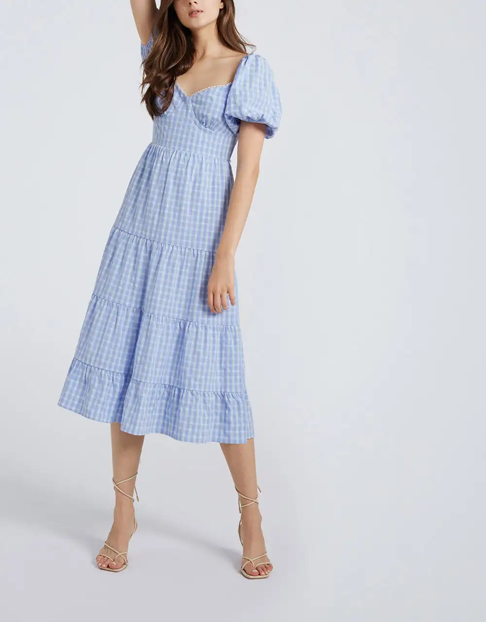 

Urban Revivo Puff Sleeve Backless Plaid Casual Dress Tie Back Checkered Print Smock Dress Sexy Halter Beach Style Dresses