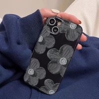korean style black oil painting flowers case for iphone 13 12 11 x xs xr 7 8 6 6s plus se 2020 tpu lens protector cover