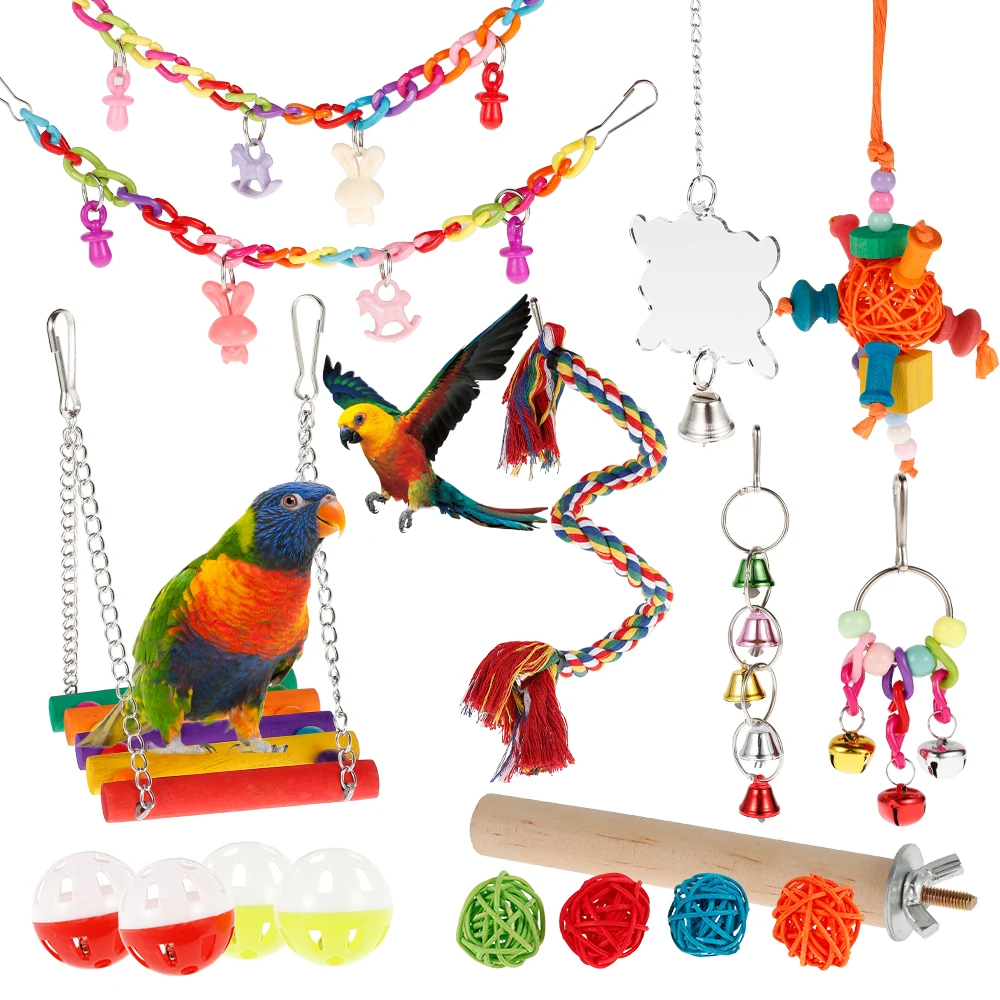 

Bird Parrot Hanging Chewing Toys Set Colorful Wooden Bridge Beads Bells Climbing Toys Bird Cage Games Creative Parrot Supplies