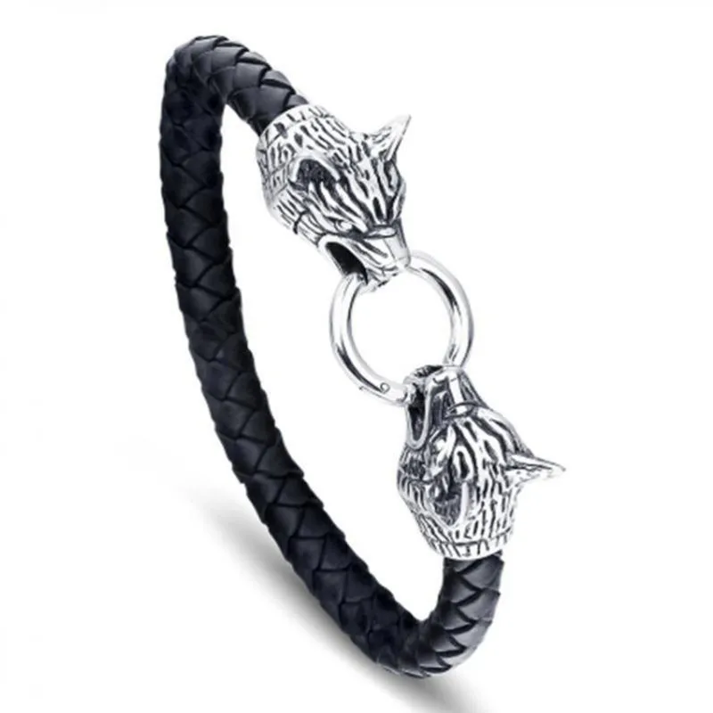 

Punk Viking Metal Wolf Head Bracelet Men's Hand Braided Black Leather Bracelet Biker Ride Rock Party Jewelry Gift