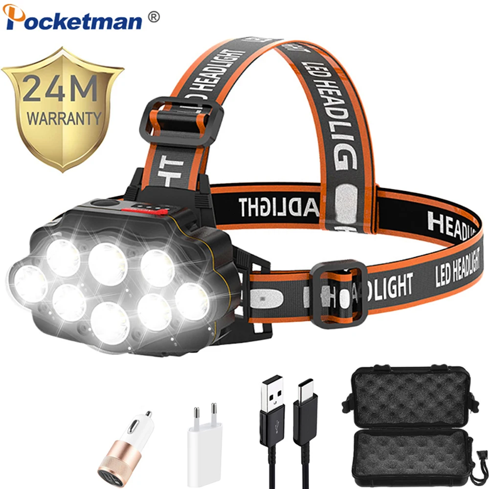 

High Lumens Powerful Headlamp USB Rechargeable Head Lamp 8 LED Headlight Waterproof Head Torch Lantern with built in battery