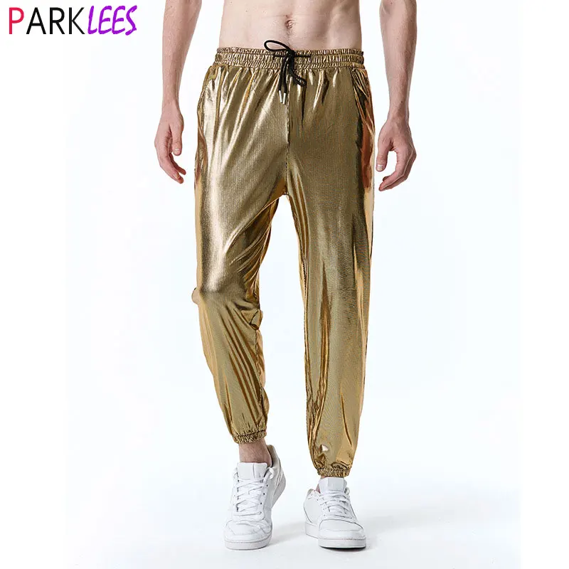 

Shiny Gold Metallic Striped Jogger Sweatpants Men Hip Hop Casual Dance Streetwear Pants Mens 70s Disco Party Stage Trousers Male