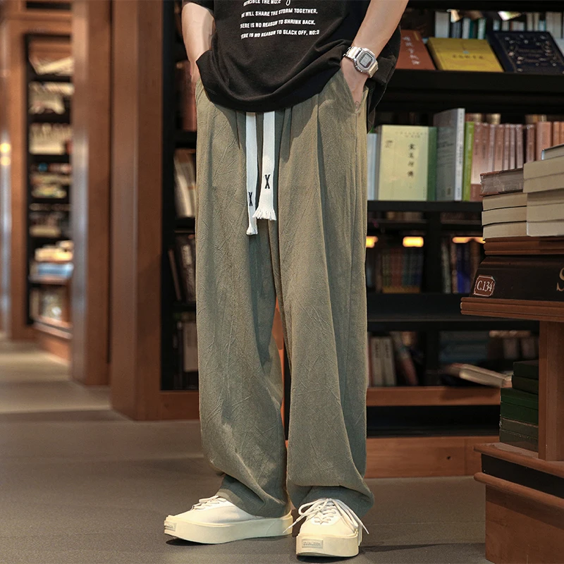 

2023 New Men Cotton Linen Pants Casual Loose Trousers Sweatpants Couple Fashion Wide Leg Joggers Solid Color Large Baggy Pants