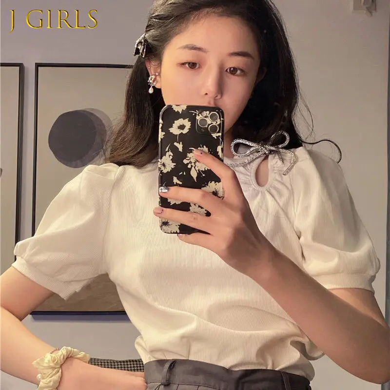 

J GIRLS Women Short Sleeve T-shirts Puff-sleeve Design Bow Hole Solid Korean Style O-neck Tshirts Girls Lovely All Match Chic