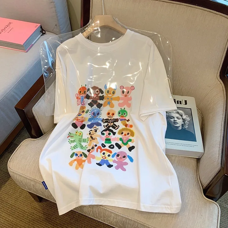 

2022 Summer Woman's Tops Cute Cartoon Animal Printed Young Loose Tees Casual Larger Shirts