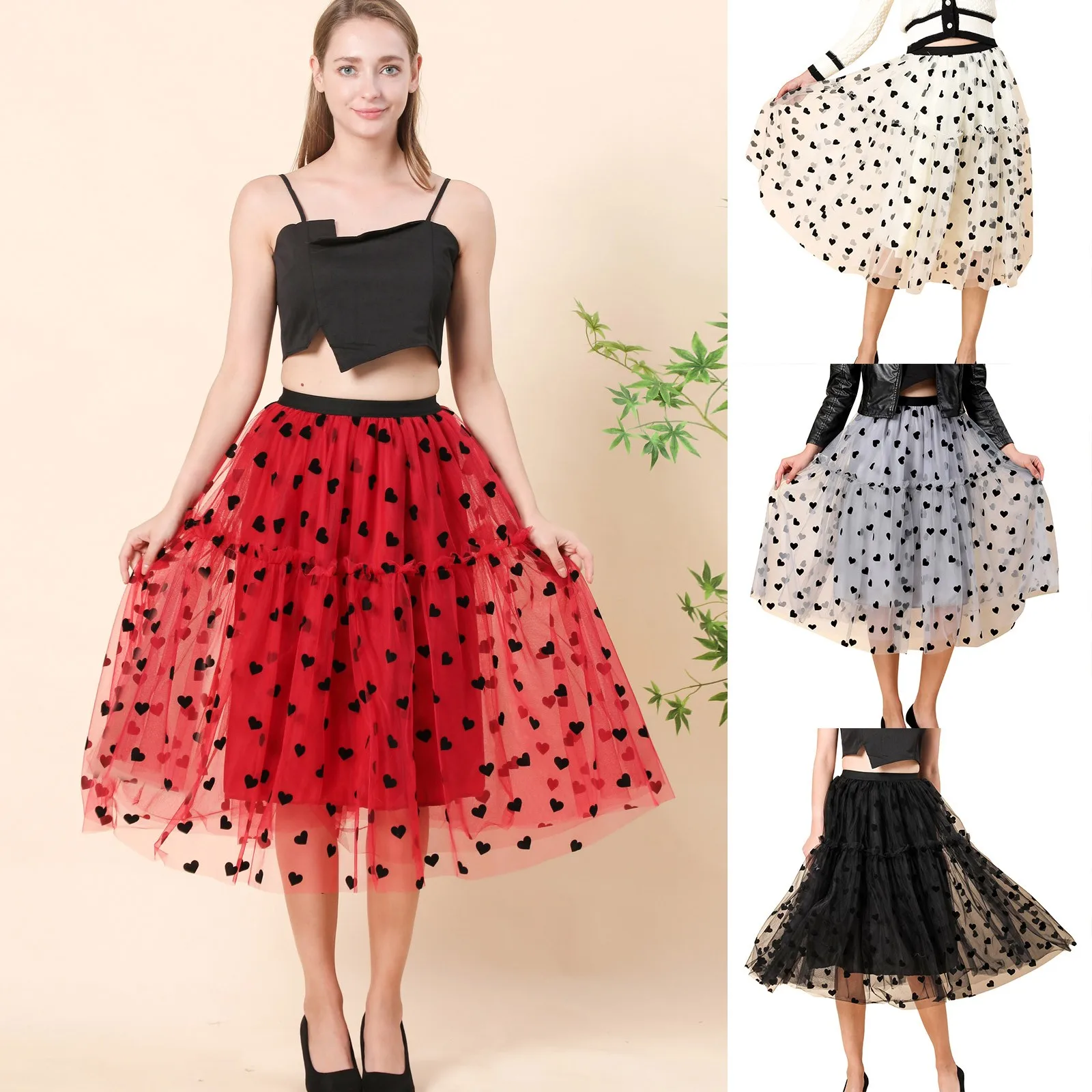 

Women's High Waisted Flocked Love Pleated Skirt A Line Skirt Denim Patchwork Skirt for Women