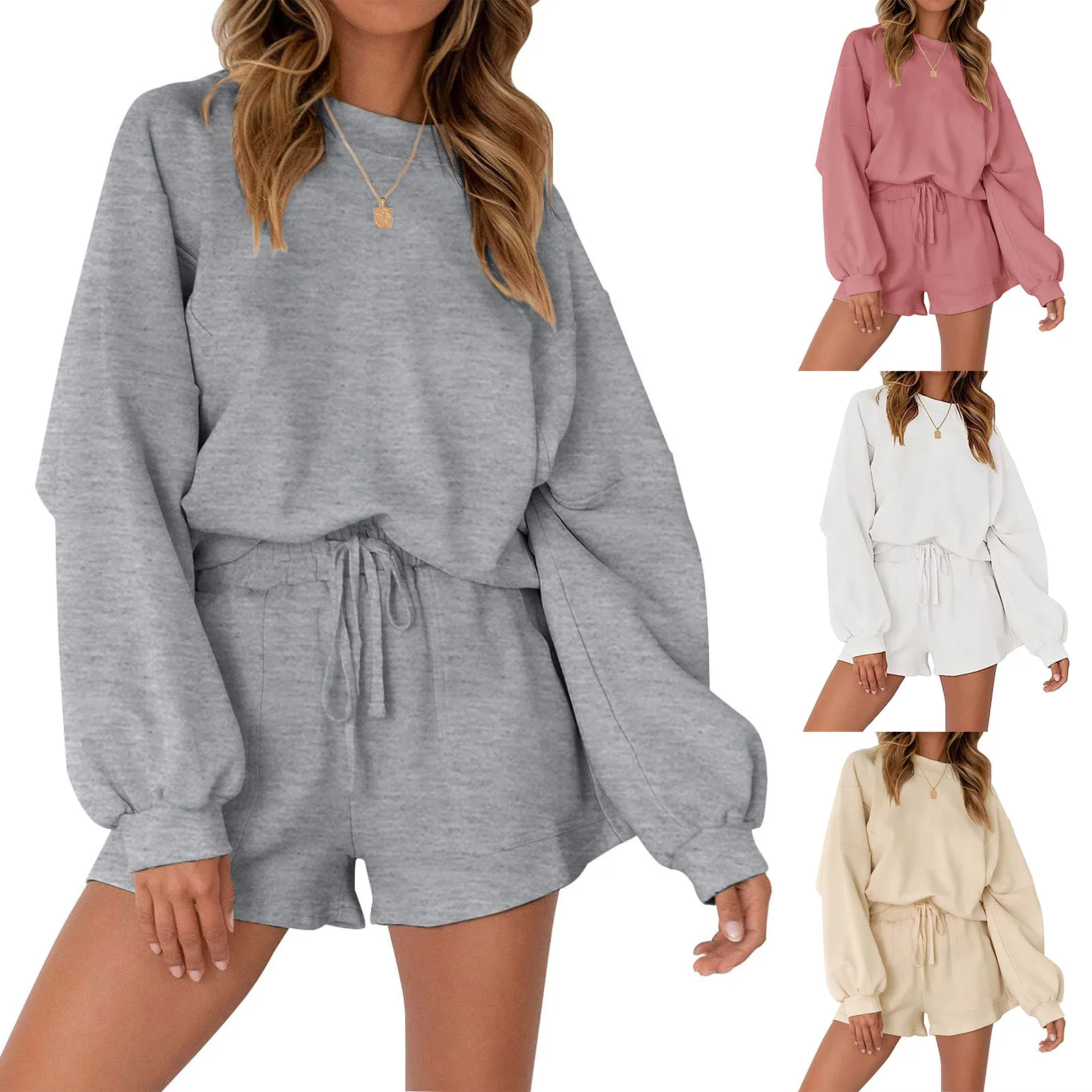 

Women Summer 2 Piece Sweatsuit Crew Neck Long Sleeve Elastic Waist Shorts Sets Solid Colour Loose Fit with Pockets Outfits