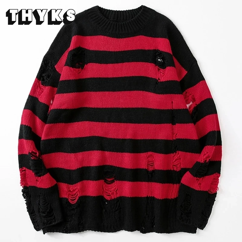 

Striped Sweaters Women Hole Casual Oversized Sweater Men 2022 Spring Autumn Jumper Harajuku Streetwear Pullouvers Pull Femme