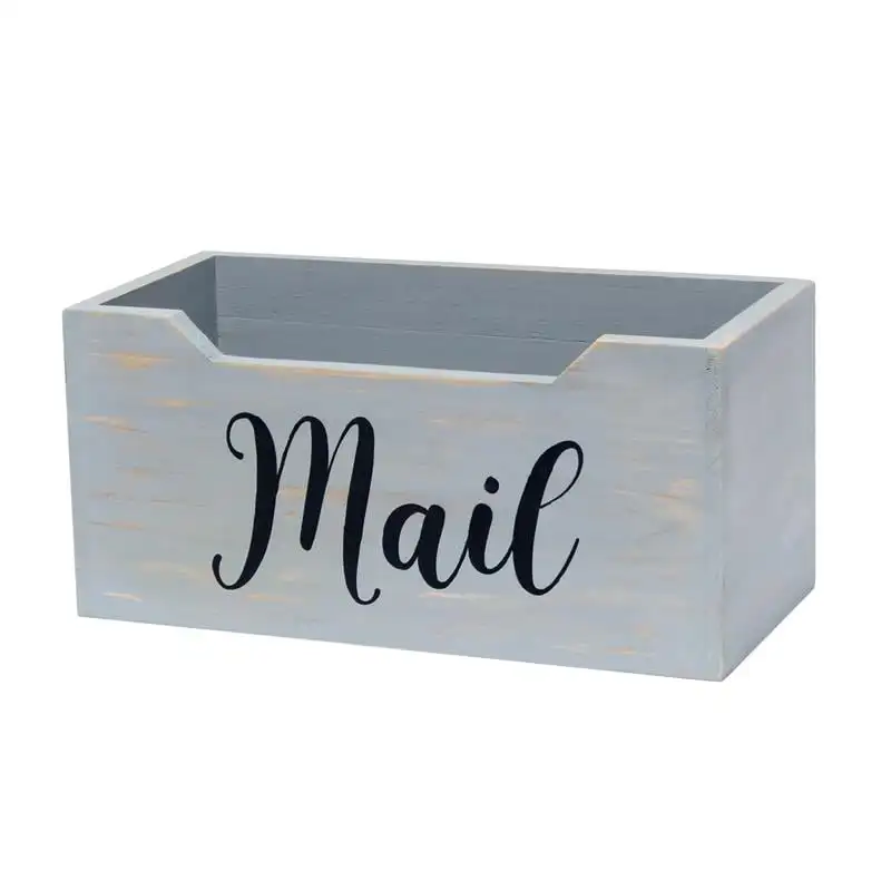 

Luxurious Gray Wash Farmhouse Wooden Tabletop Script Word "Mail" Organizer Box, Letter Holder Decorative.