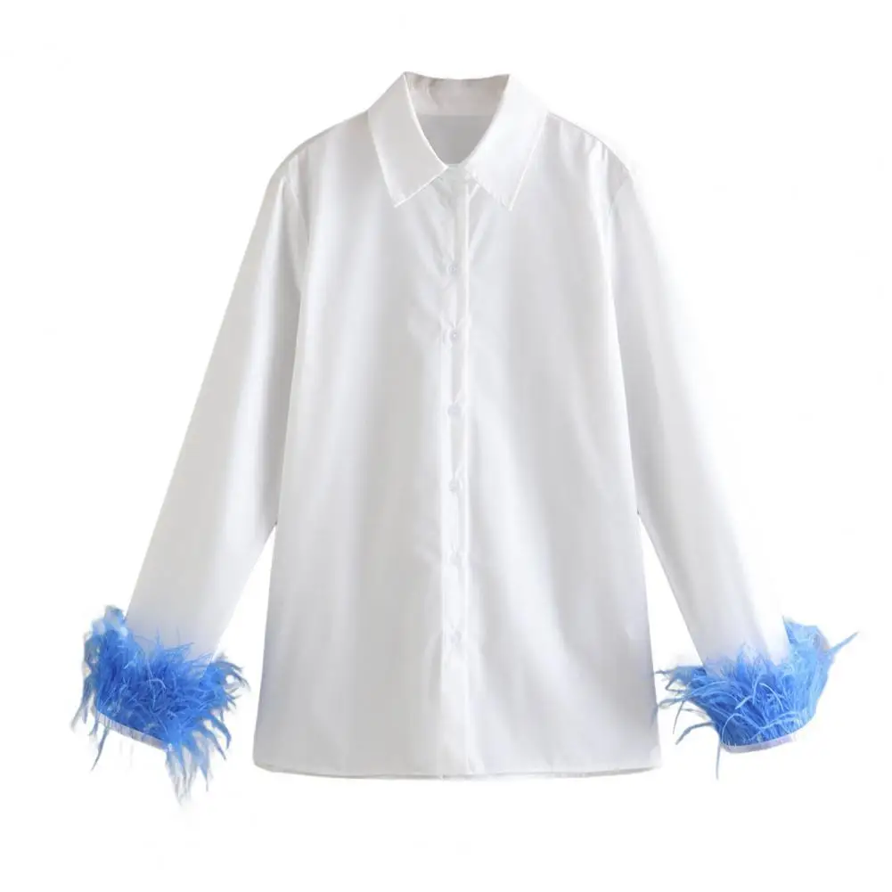 

Quick Dry Chic Feather Cuff Plain Female Top Long Sleeve Work Blouse Casual for Daily Life
