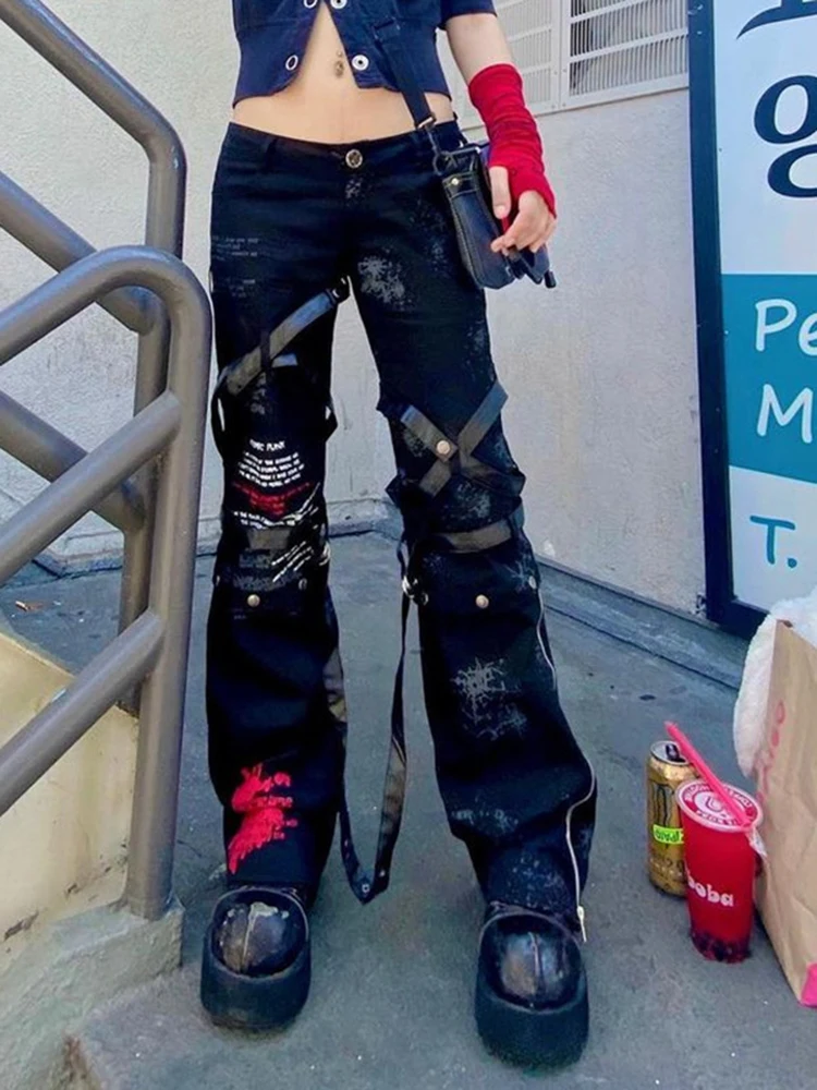 Джинсы женские в стиле Харадзюку прямые мешковатые брюки-карго из денима хип-хоп