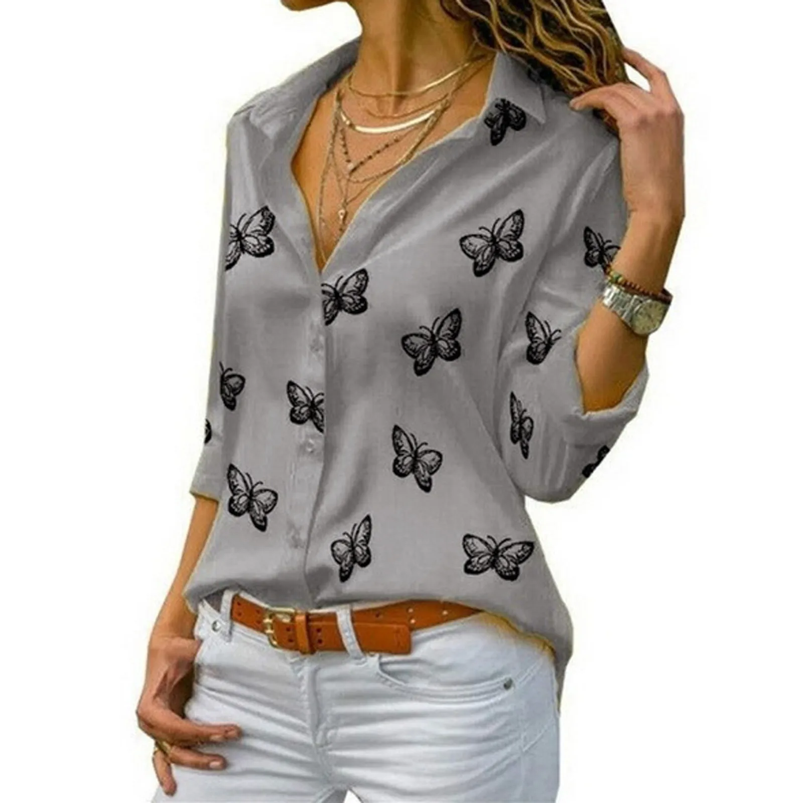 

T-Shirts Long Tops Sleeve Print Womens Blouse V-Neck Casual Fashion Button Women's Blouse