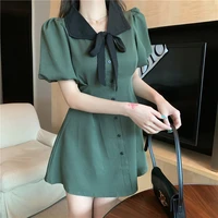 2022 summer new dark green dress houndstooth v neck bow tie puff sleeve skirt fashion casual temperament womens clothing