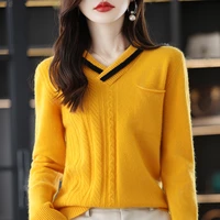 autumn and winter new womens retro v neck stitching knitted 100 pure wool with pockets casual fashion soft pullover sweater