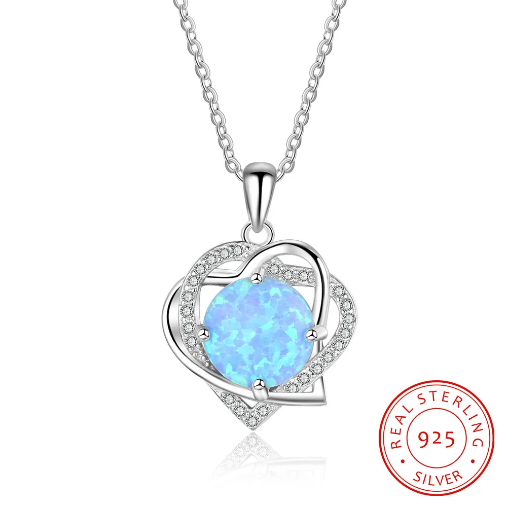 

925 Sterling Silver Opal Necklace European And American Jewelry Set 3A Zircon Silver Heart Love Opal Pendant Necklace