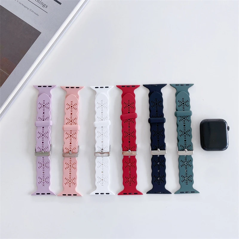 

Ремешок силиконовый для Apple Watch Band 41 мм 45 мм 40 мм 44 мм, полый Воздухопроницаемый браслет с резьбой для iWatch Series 6 5 4 SE 7 3 38 мм 42 мм