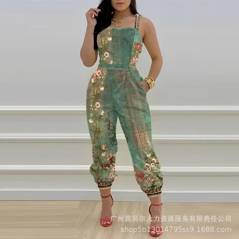 Цветочный этнический комбинезон с открытой спиной и манжетами