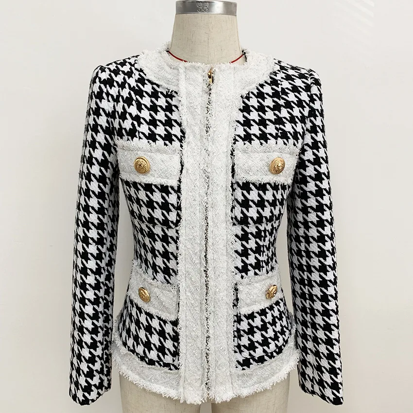 HIGH QUALITY Newest 2023 Autumn Winter Baroque Designer Women's Color Block Zip Houndstooth Fringed Tweed Jacket OverCoat