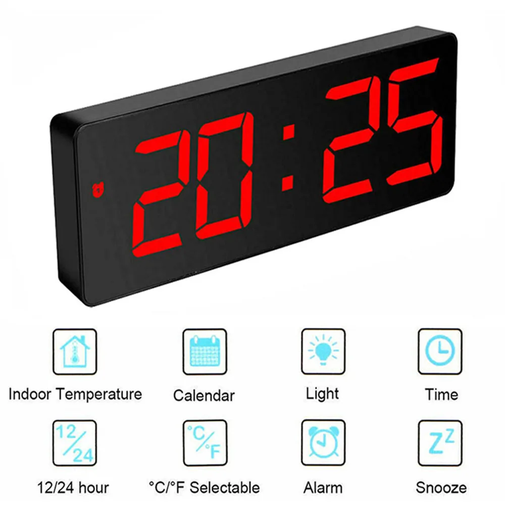 

Акриловый цифровой будильник, зеркальный светодиодный дисплей, голосовое управление, температура, календарь, функция повтора, 12/24 часа, дво...