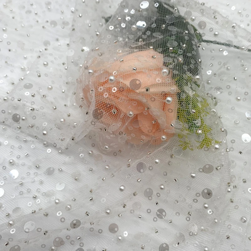 Белые Блестки из бисера жемчужная вышитая кружевная ткань для вечернего